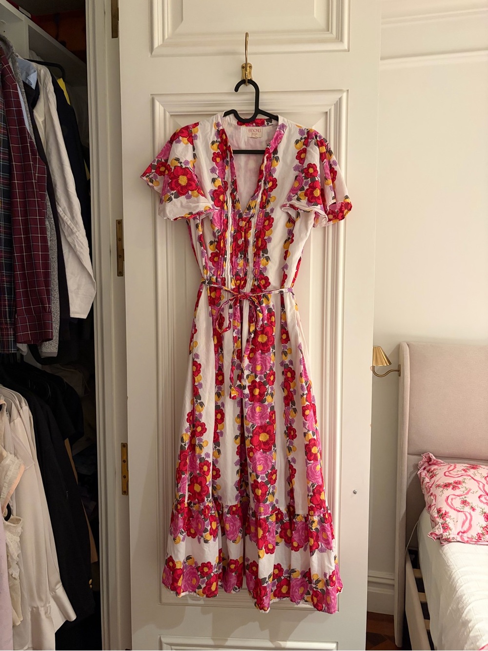 Floral White Maxi Dress with Pink & Red Bloom Print